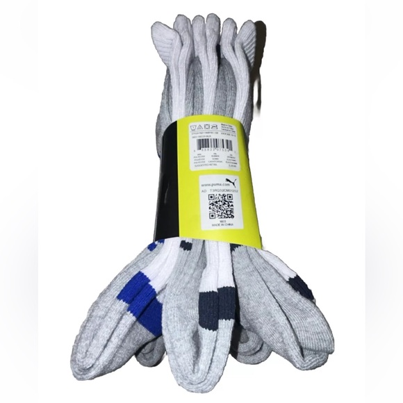 Puma Cushioned Crew Socks 6 Pair Men 8-12 White Gray Blue w Logos NEW! Training - Picture 6 of 11